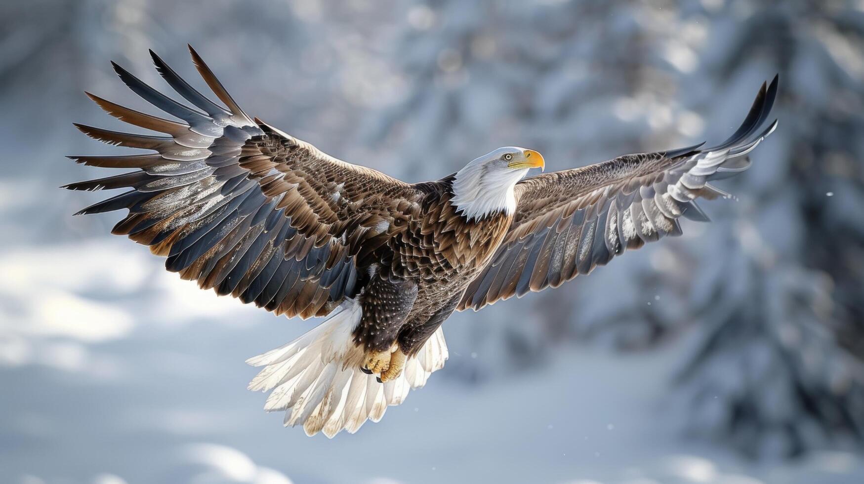 Majestic Bald Eagle in Flight Over Snowy Landscape with Outstretched Wings photo