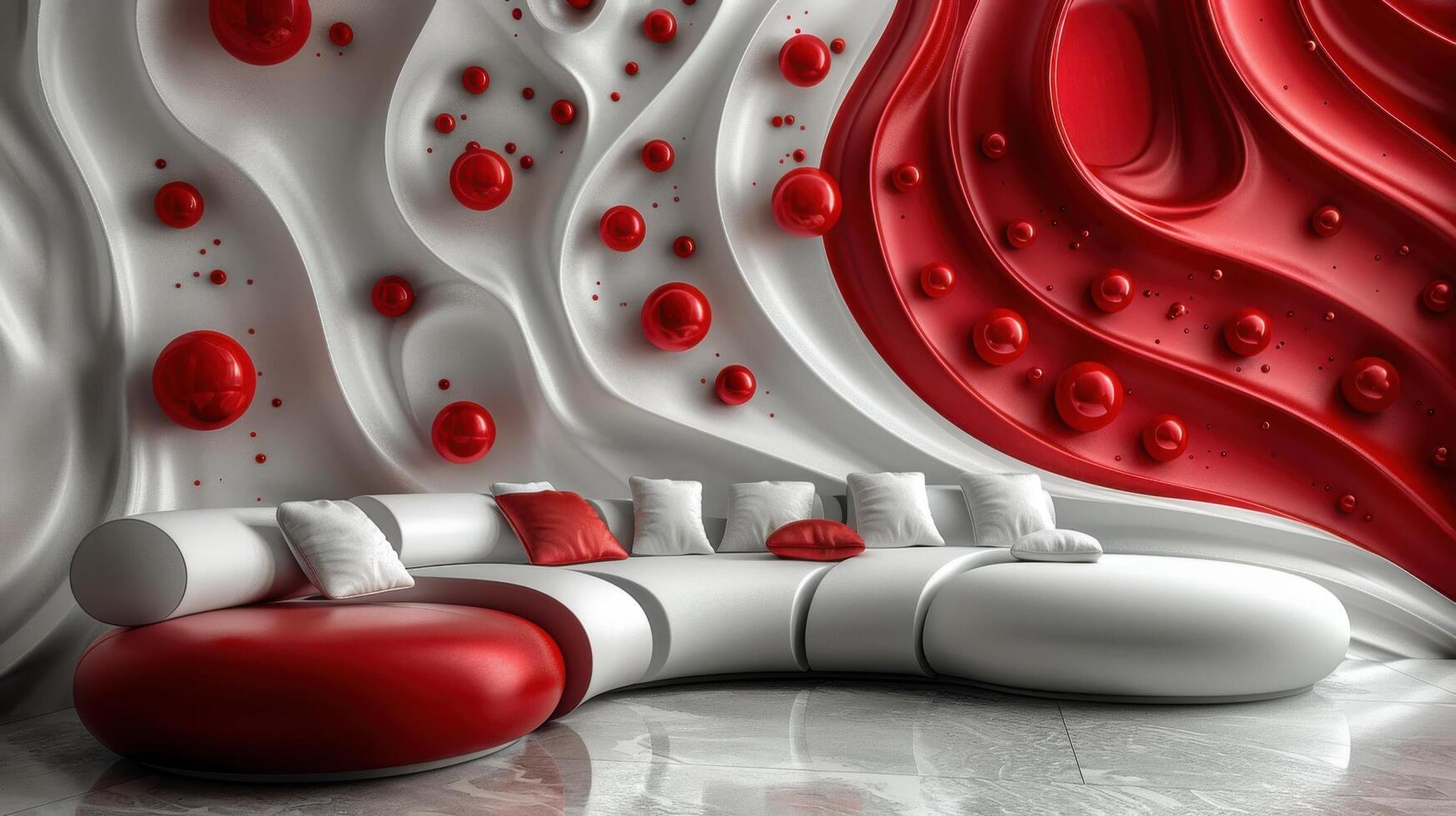 Modern Abstract Living Room with Red and White Curved Sofa and Artistic Wall Design photo