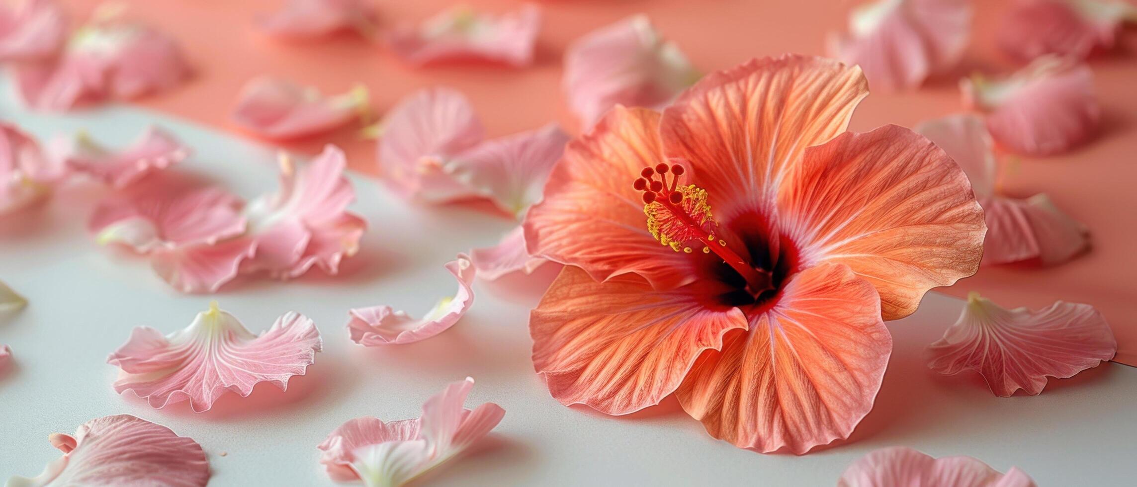 Beautiful Pink Hibiscus Flower with Petals Scattered on a Soft Gradient Background photo