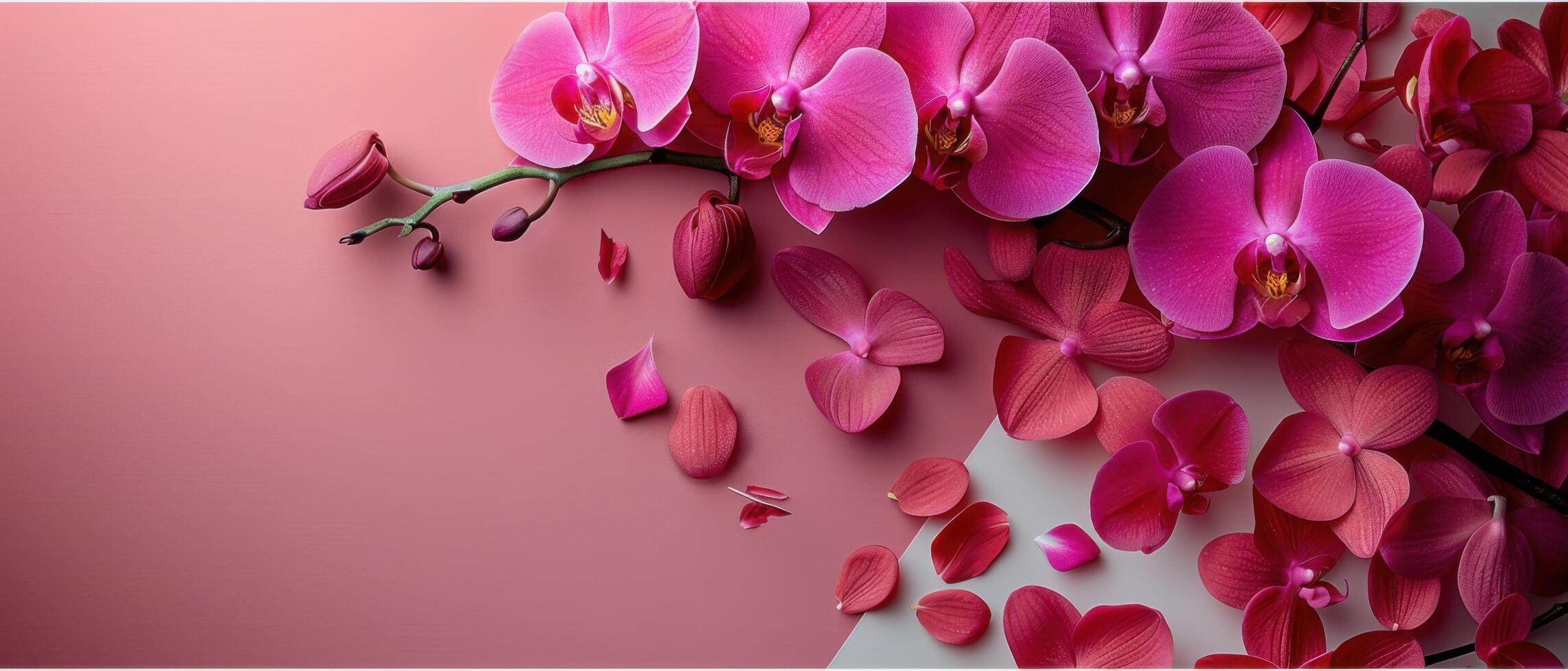Elegant Pink Orchids on Gradient Background with Petals Scattered, Perfect for Floral and Botanical Themes photo