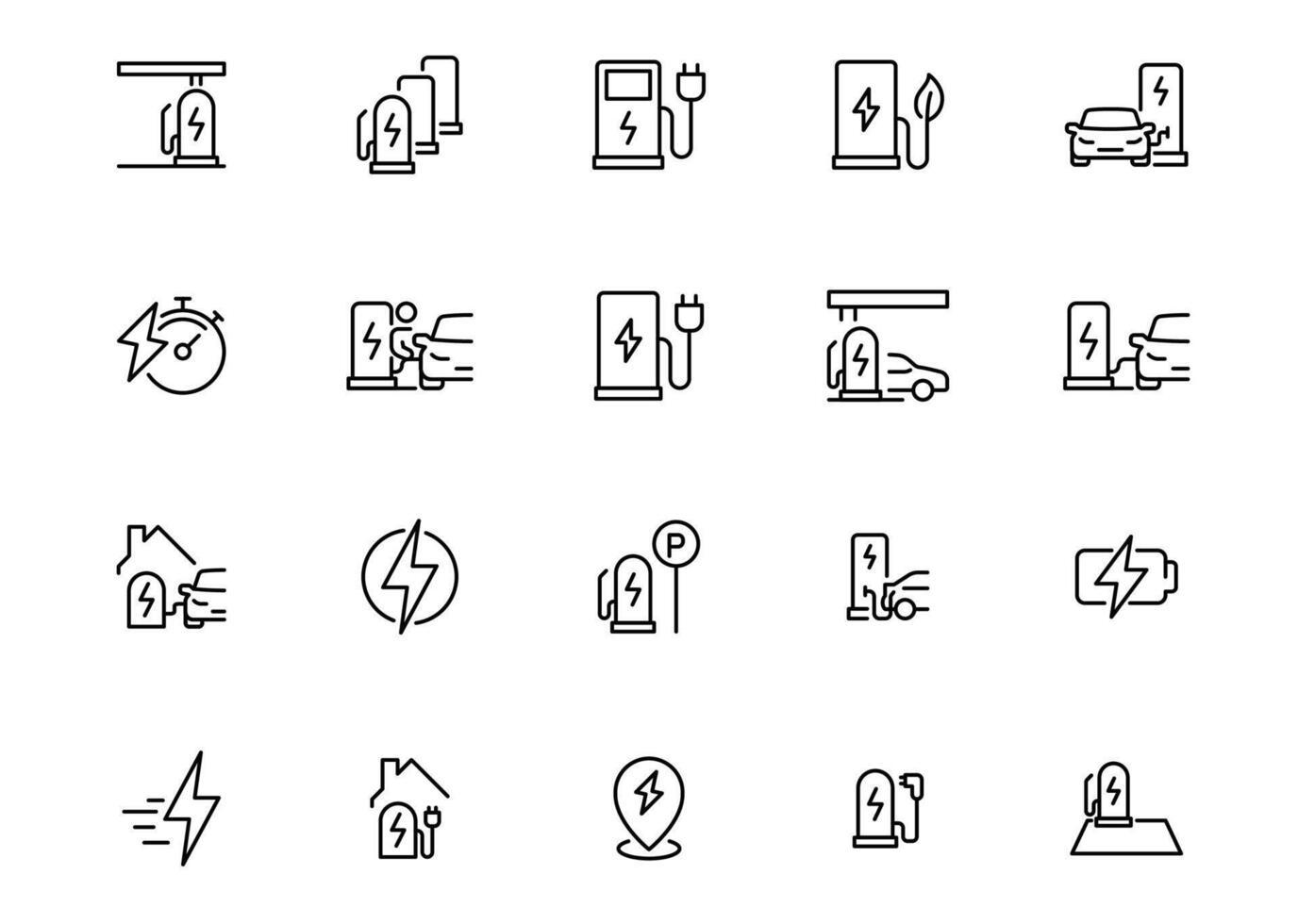 Car charging station icon set. Simple outline style. EV, electric socket station, car plugged to charge, battery, technology concept. Thin line symbol. Isolated. vector
