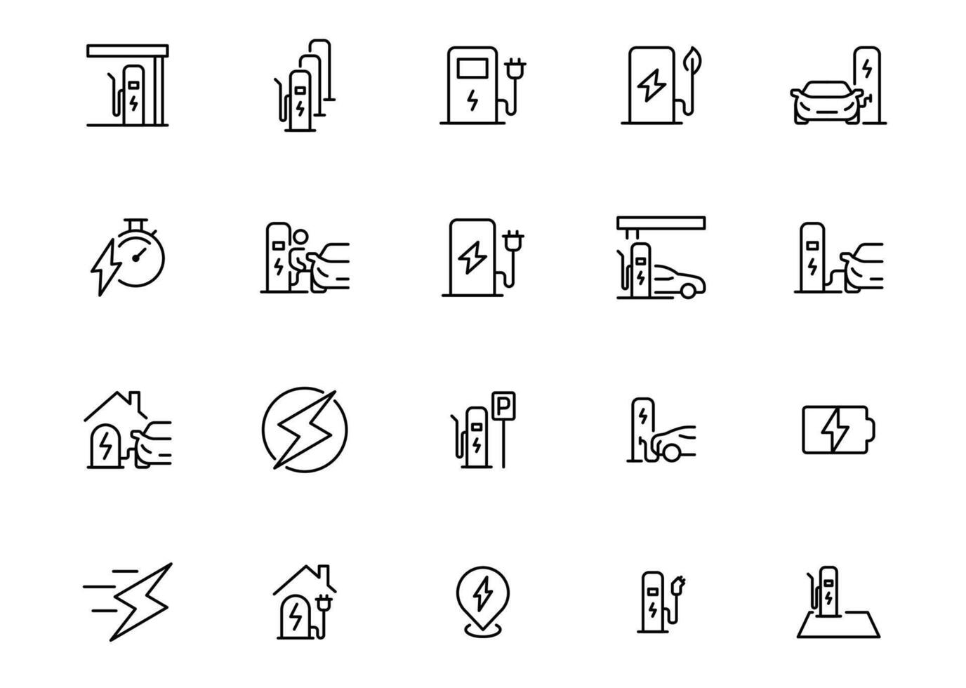 Car charging station icon set. Simple outline style. EV, electric socket station, car plugged to charge, battery, technology concept. Thin line symbol. Isolated. vector