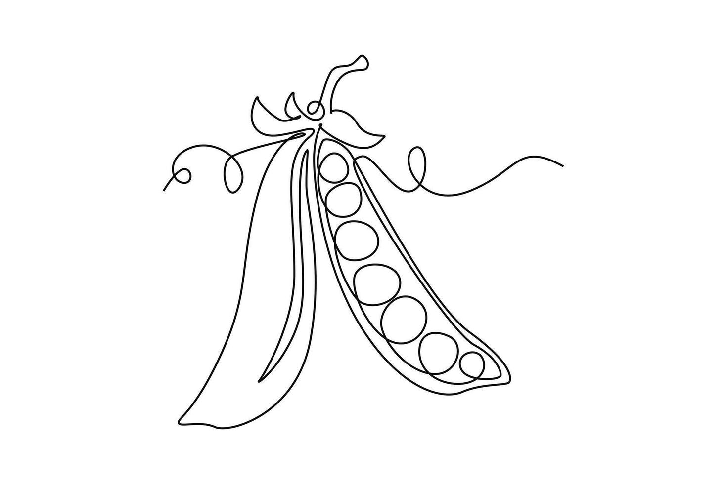 Continuous one line drawing of whole healthy organic green pea for harvesting logo identity. Fresh seed pod of pisum sativum concept vegetable icon. Single line draw design graphic illustration vector