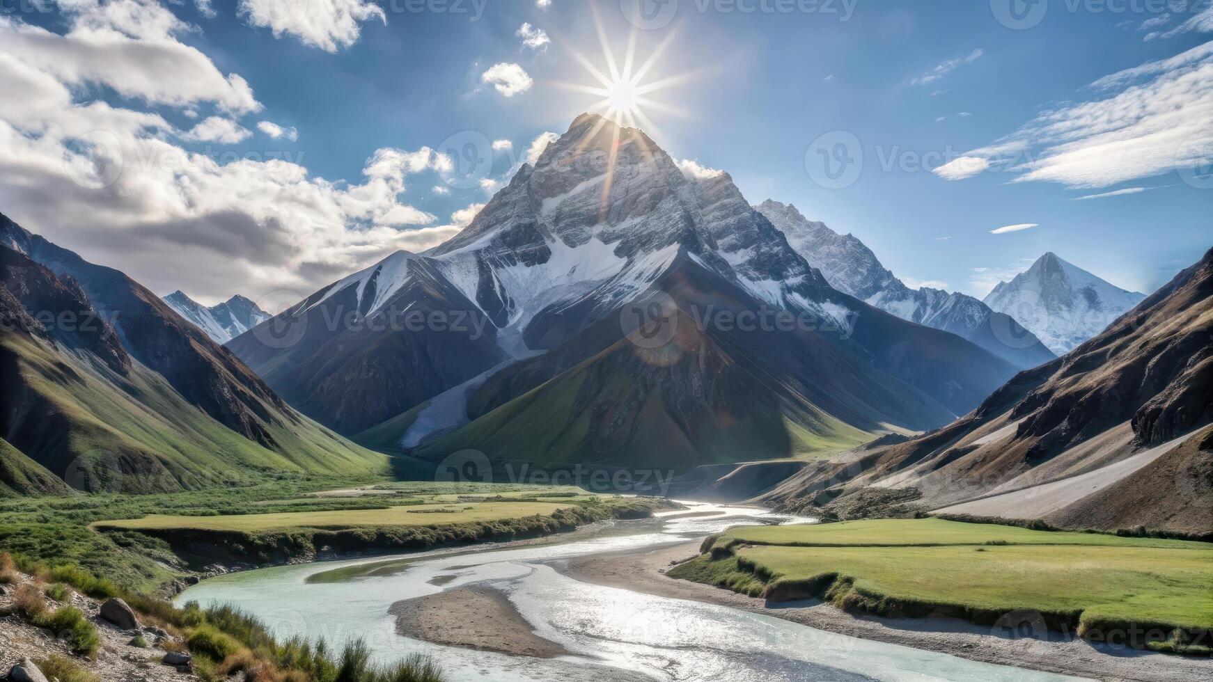 Sun shining over a mountain range with a river flowing through the valley. photo