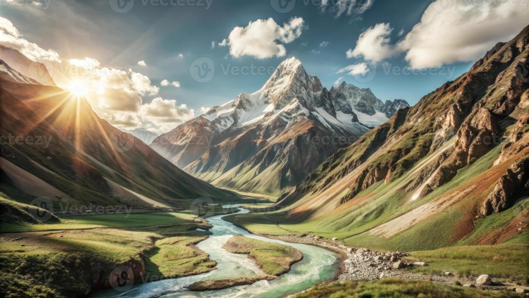 Sunbeams illuminate a winding river in a valley surrounded by snow-capped mountains. photo