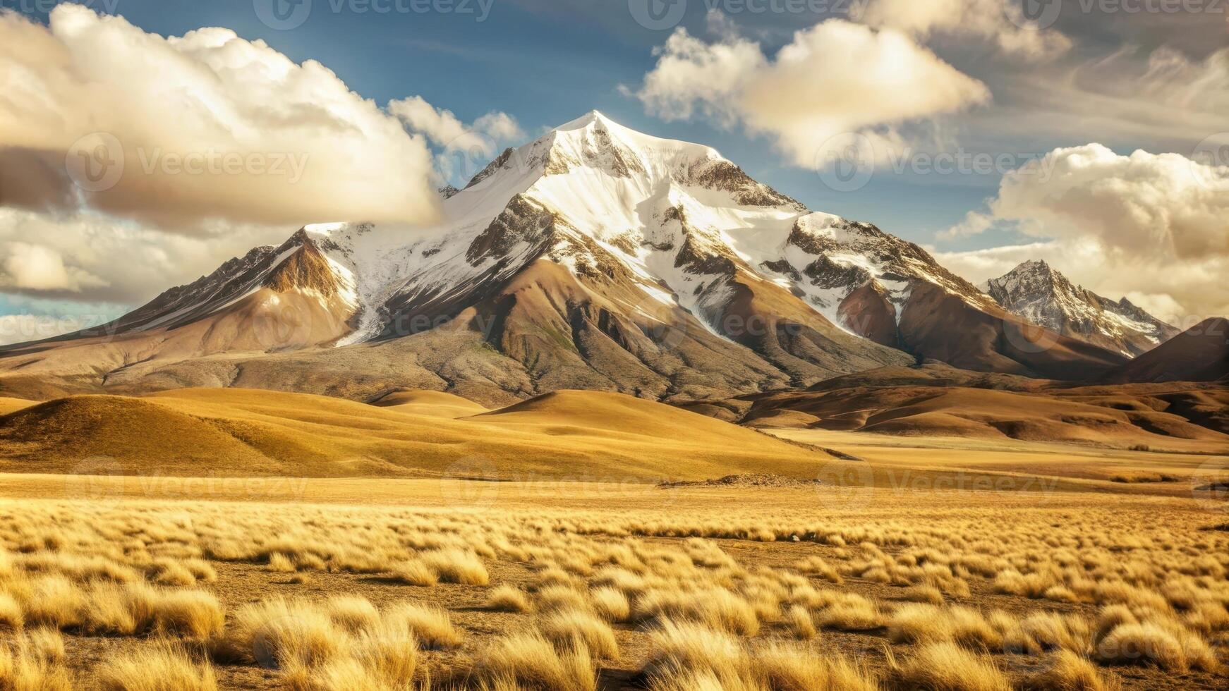 Majestic snow-capped mountain peak rises above rolling hills with golden grass under a partly cloudy sky. photo