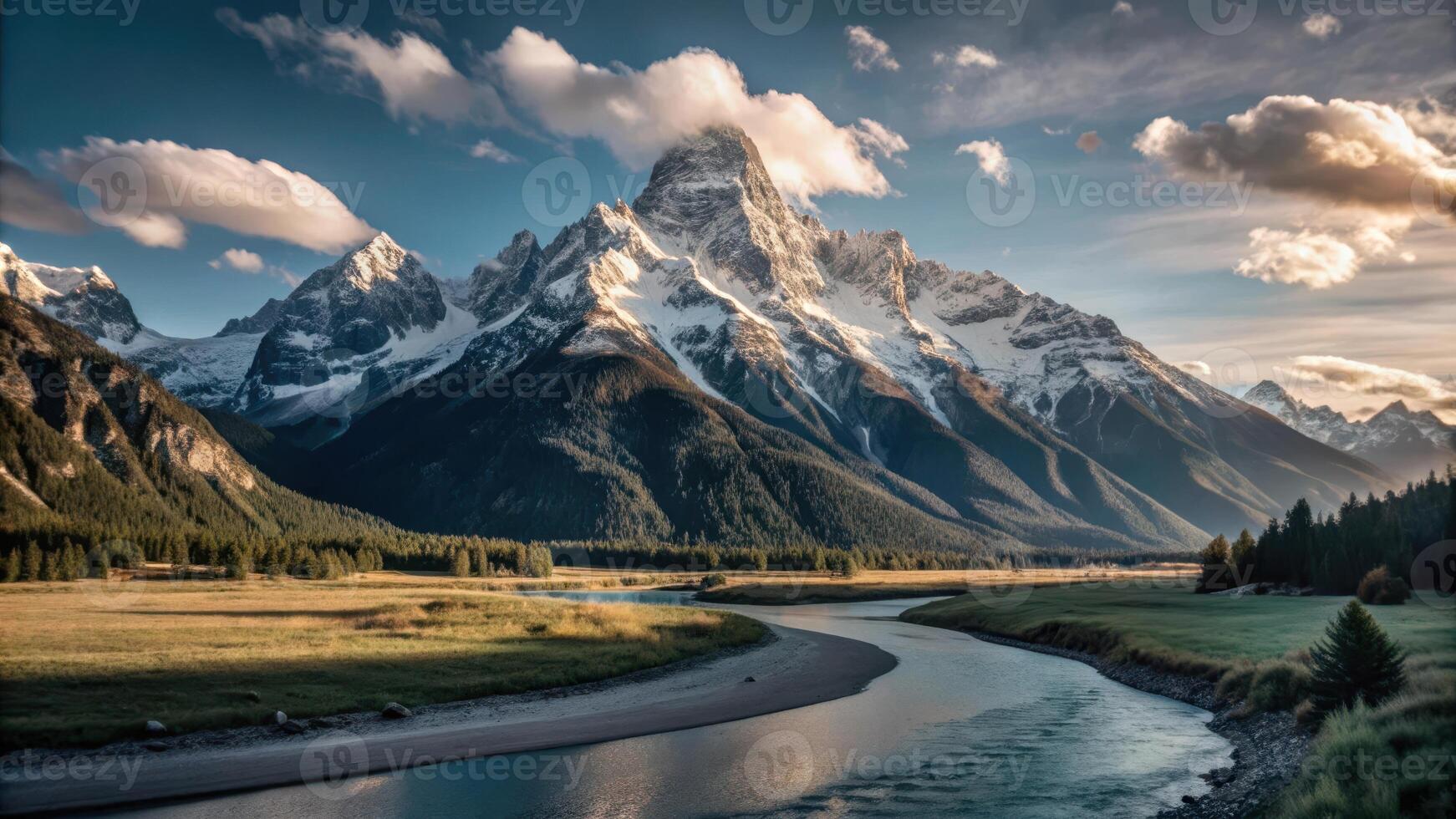 A winding river flows through a valley with snow-capped mountains in the background. photo