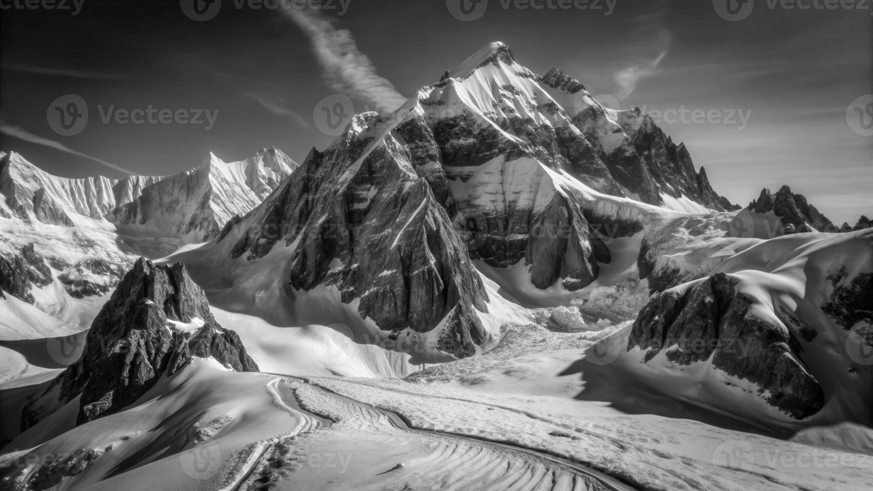 Snowy mountain peak with winding path and a cloudy sky. photo