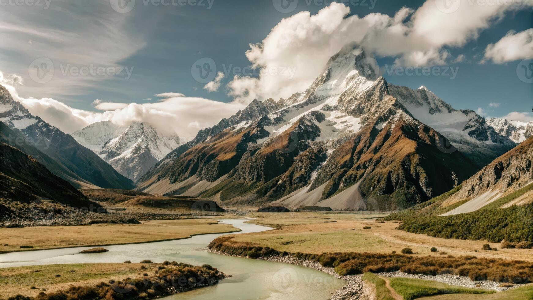 A winding river flows through a valley surrounded by snow-capped mountains under a cloudy sky. photo