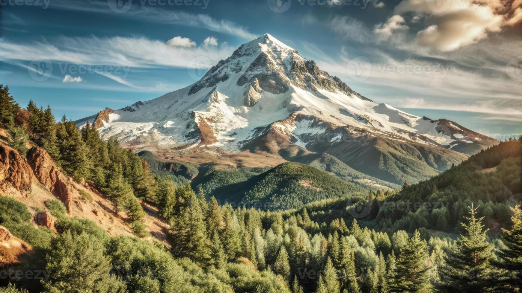 Majestic snow-capped mountain peak with a lush forest in the foreground. photo