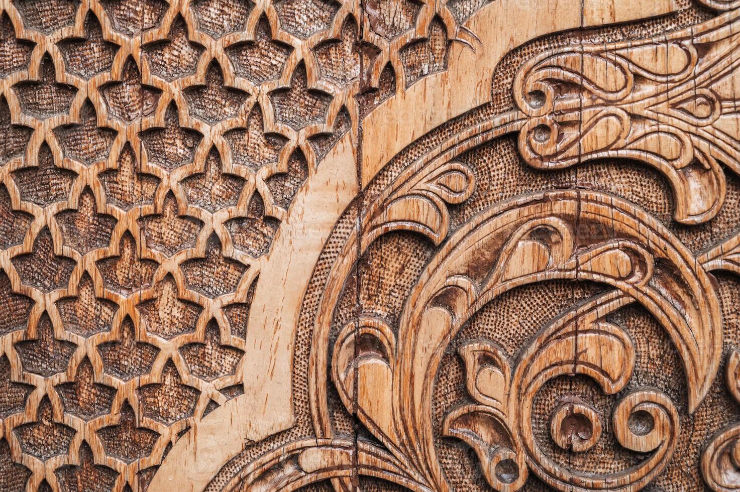 detail of oriental Islamic pattern Uzbek traditional ornament on wooden carved door in Tashkent close-up photo