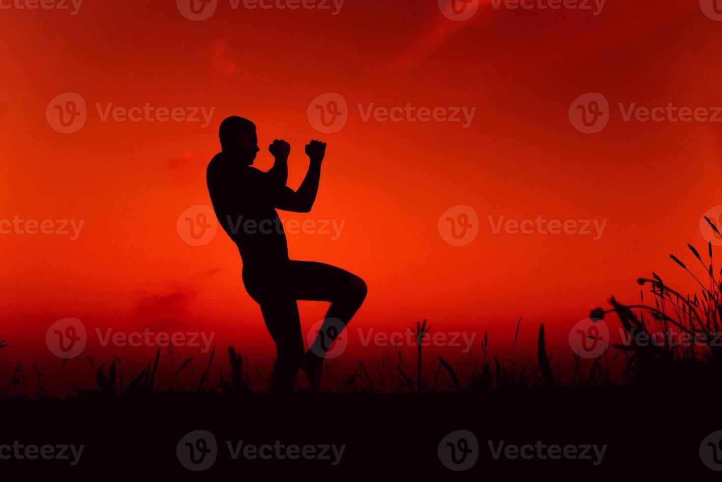 Silhouette of a male fighter engaged in training in nature photo