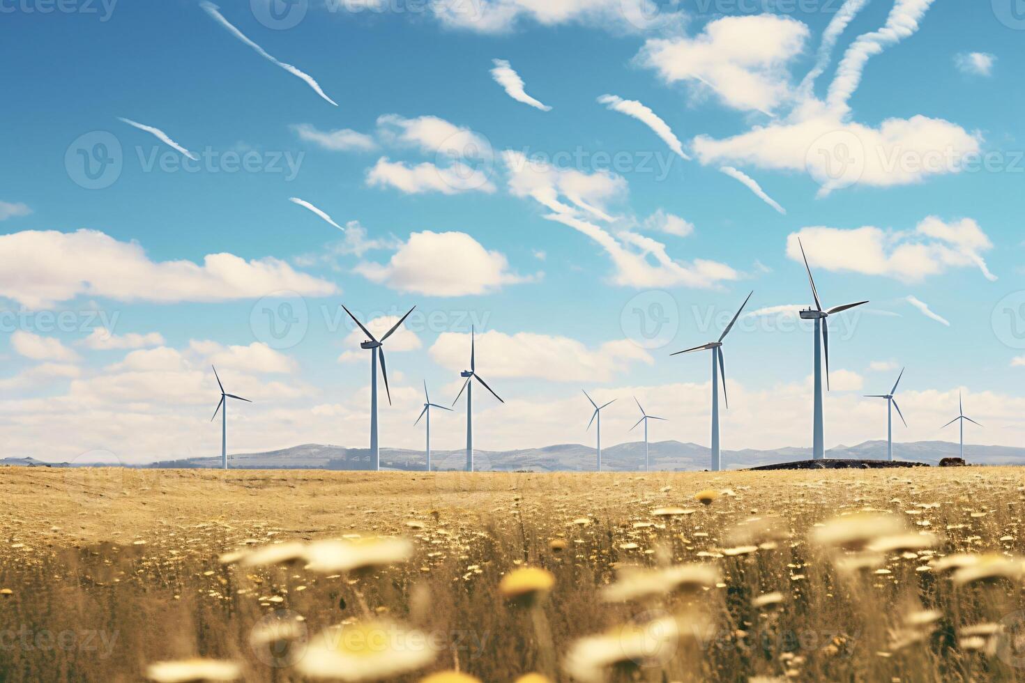 Wind turbines generating clean energy in a field of wildflowers photo