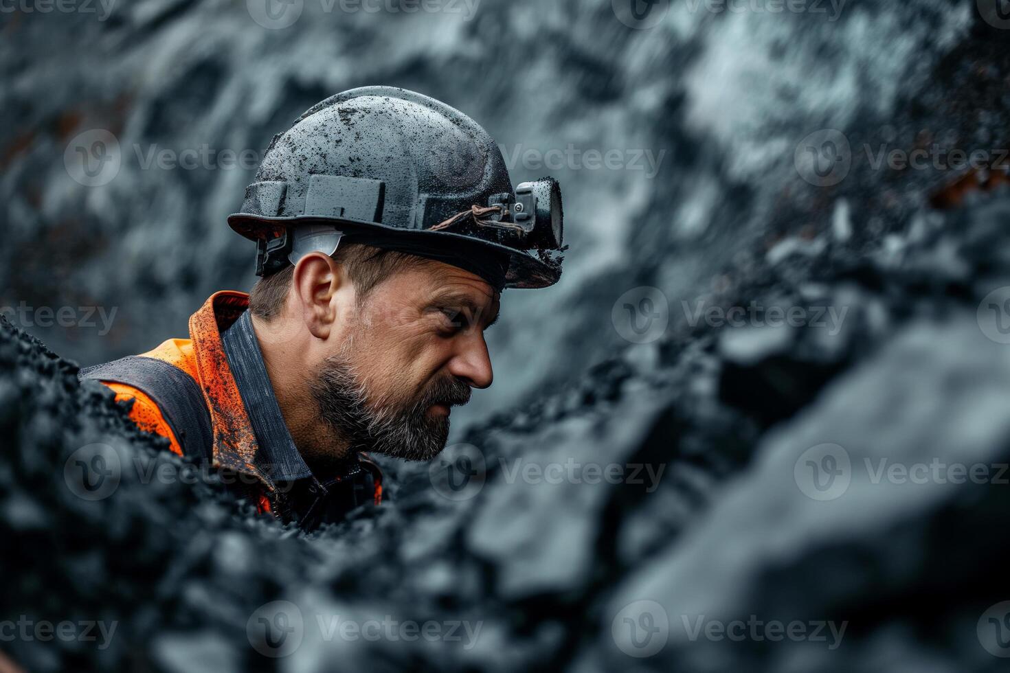Hardworking Miner in Coal Mine with Protective Gear and Helmet photo