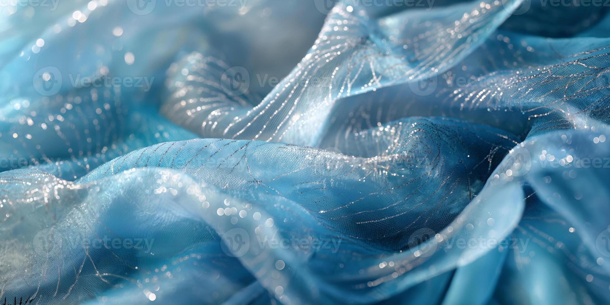 Enchanting Blue Fabric with Silver Sparkles and Waves Elegant Texture Background photo