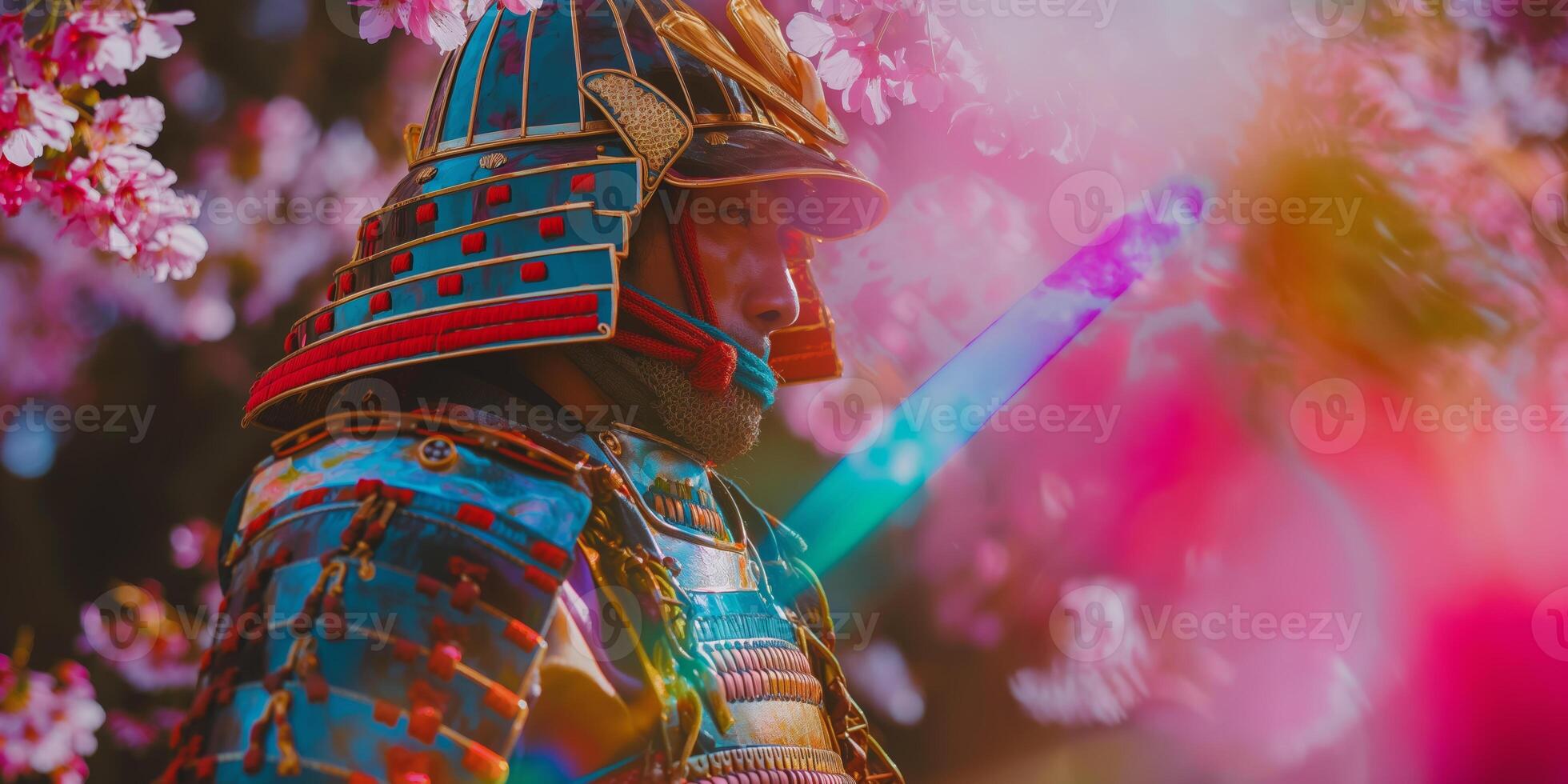 Samurai Warrior Amid Blooming Cherry Blossoms in Vibrant Springtime photo