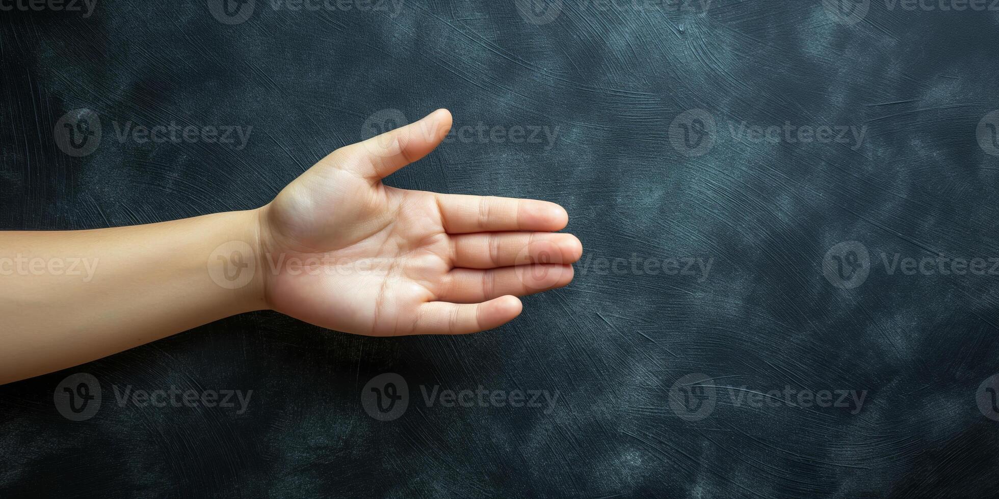 Human Hand Gesturing Open Palm on Dark Textured Background photo