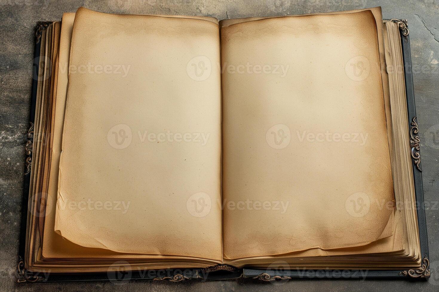 Antique Open Book with Blank Pages on Vintage Background for Copy Space photo