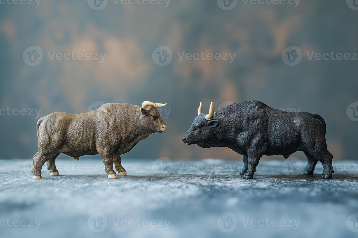 Two Bull Statues Facing Each Other on a Stone Surface photo