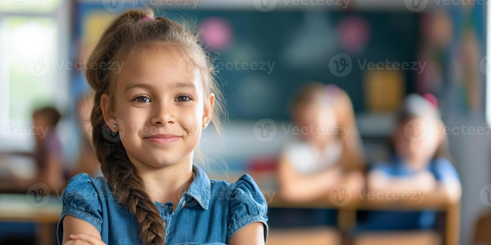 Smiling Young Girl in Classroom with Blurred Peers in Background photo