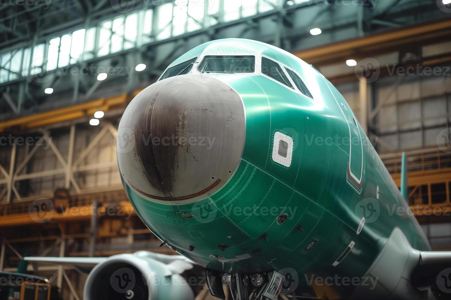 Green Aircraft Nose in Large Warehouse Hangar with Industrial Background photo