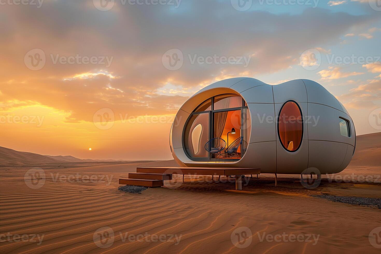 Futuristic Desert Pod House at Sunset with Scenic Desert Landscape and Modern Design photo