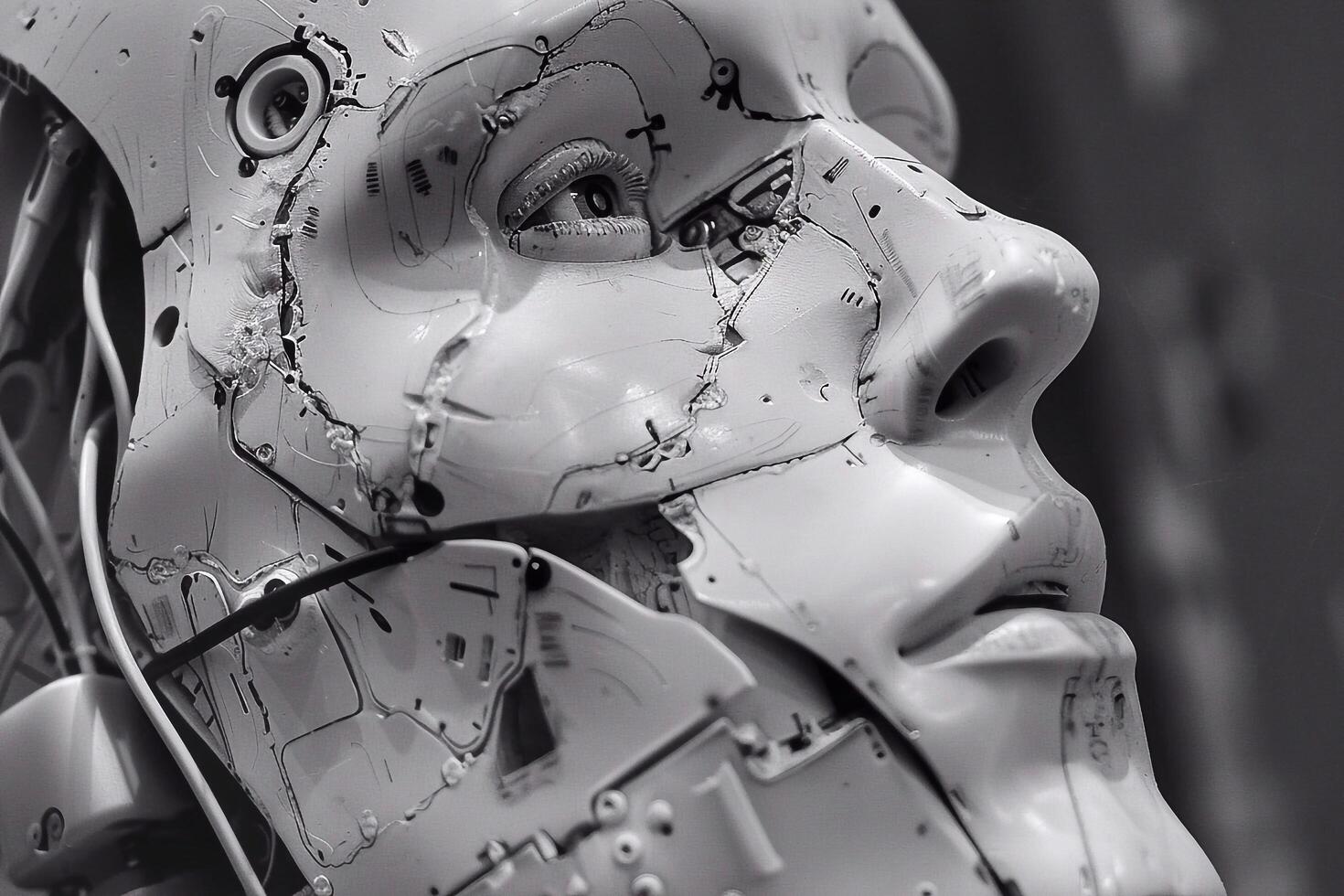 Futuristic artificial intelligence robot head close-up. photo