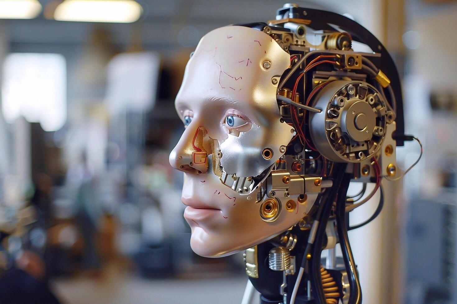 Artificial intelligence robot on display in a factory. photo