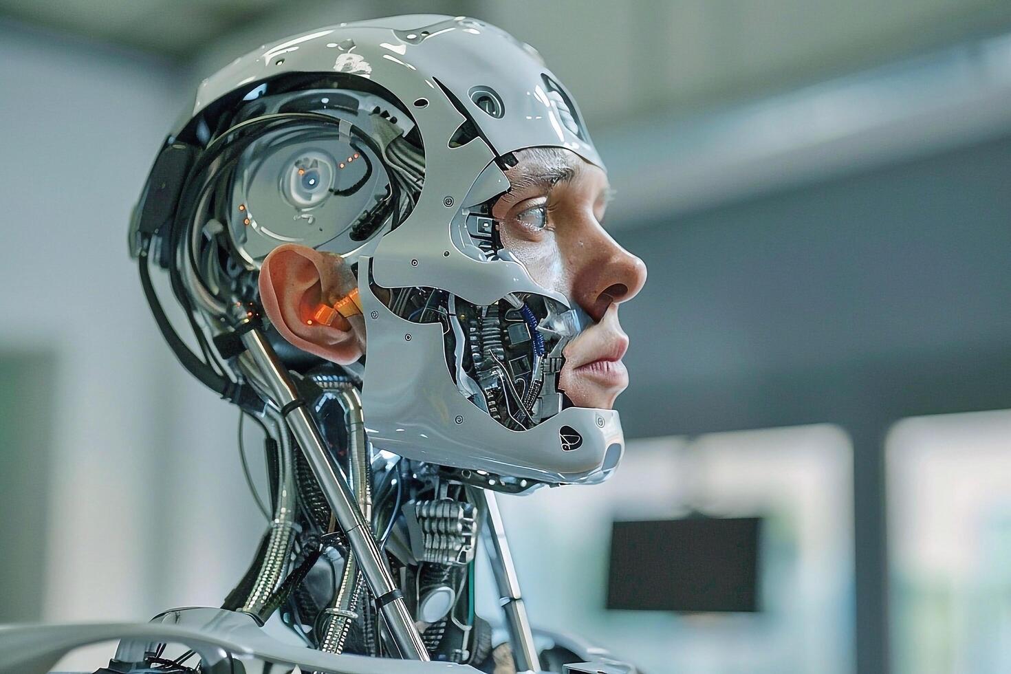 Portrait of a human-robot in the future. photo