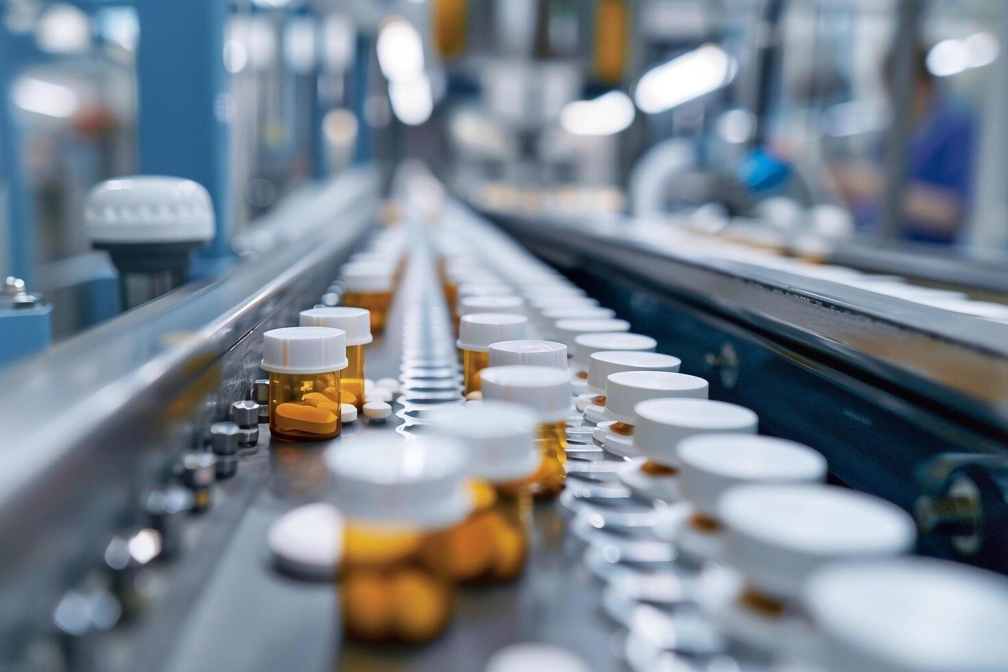 Tablets and capsules on a conveyor belt in a modern factory. photo