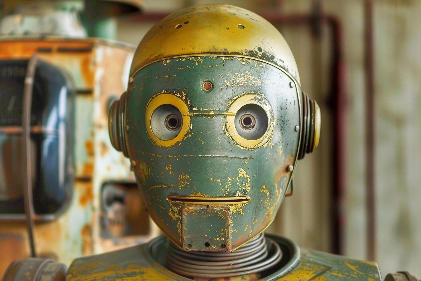 Vintage robot head on a background of old rusty machine. photo