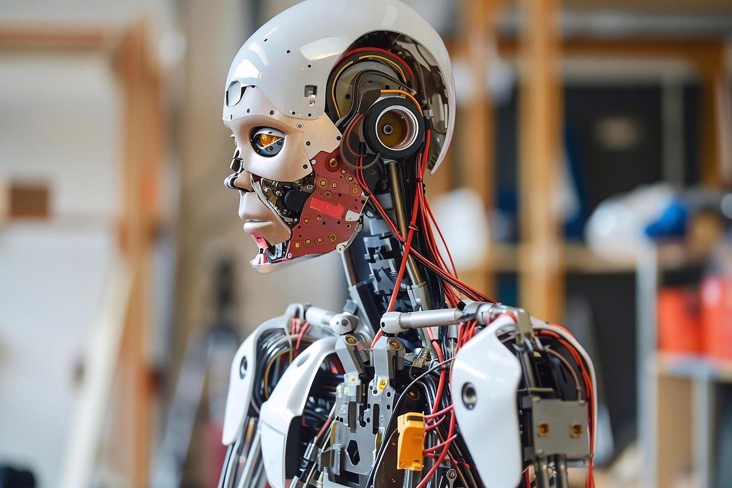 Futuristic robot in the workshop. photo