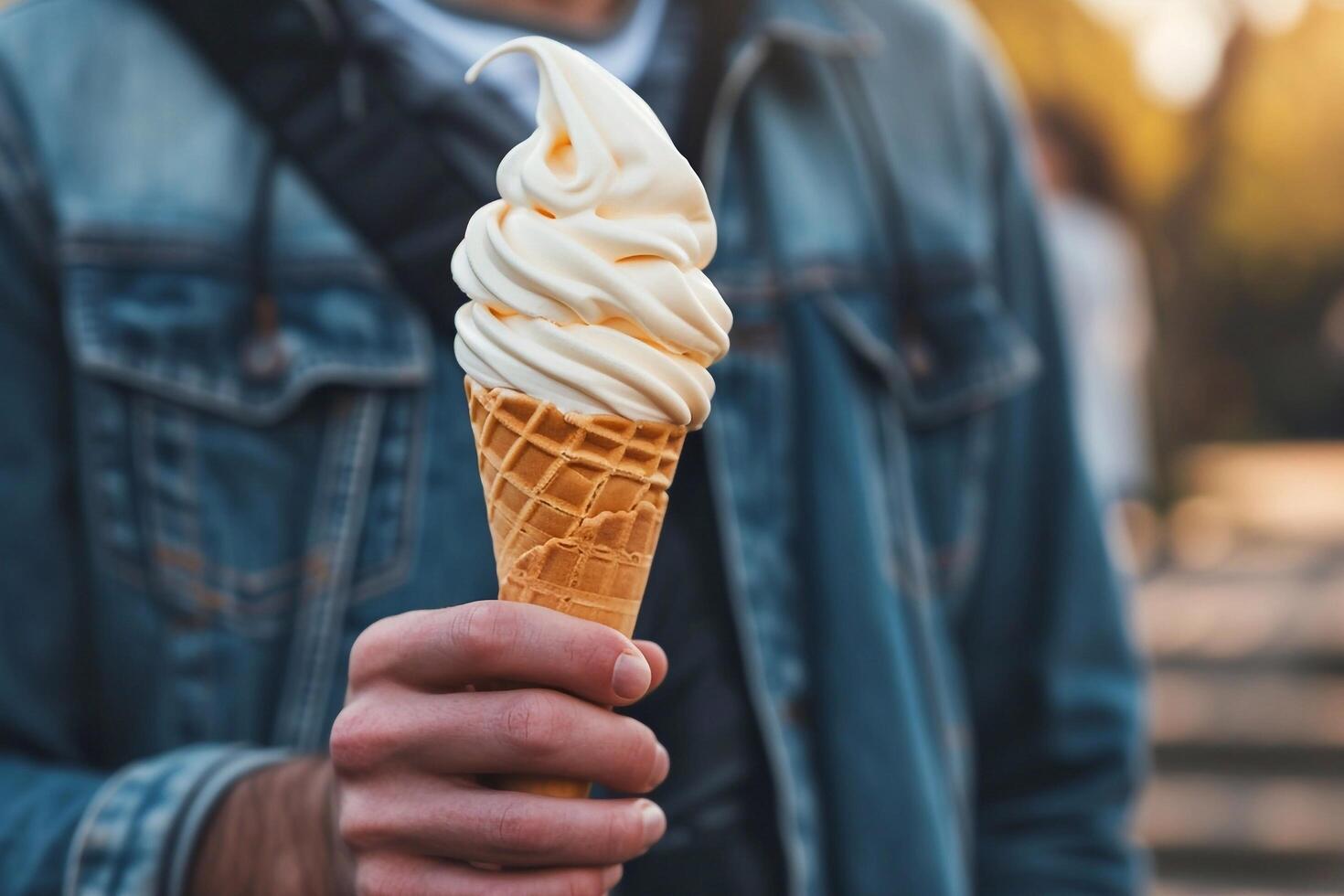 Close-up of a man holding ice cream cone on the street photo