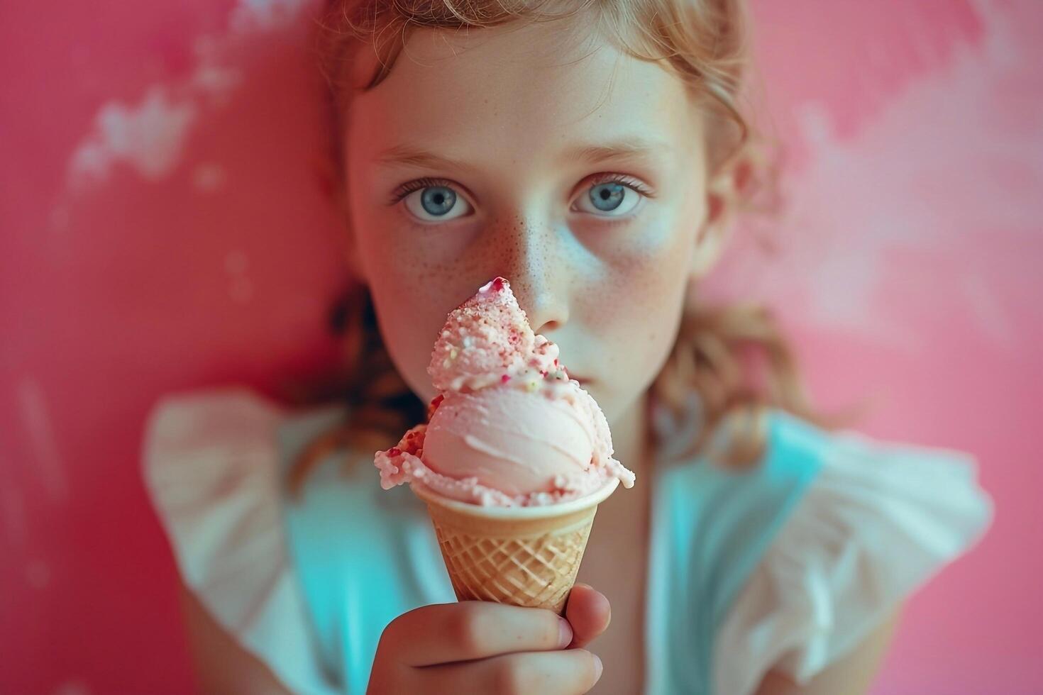 A little girl eats ice cream in a waffle cone photo