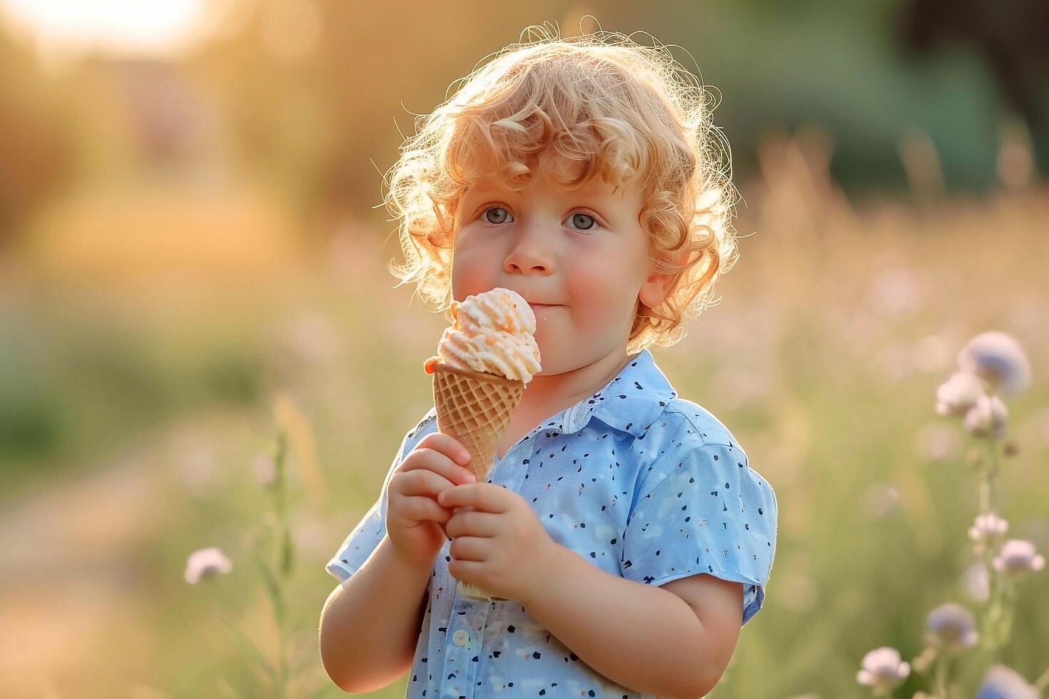 A small child is eating ice cream photo