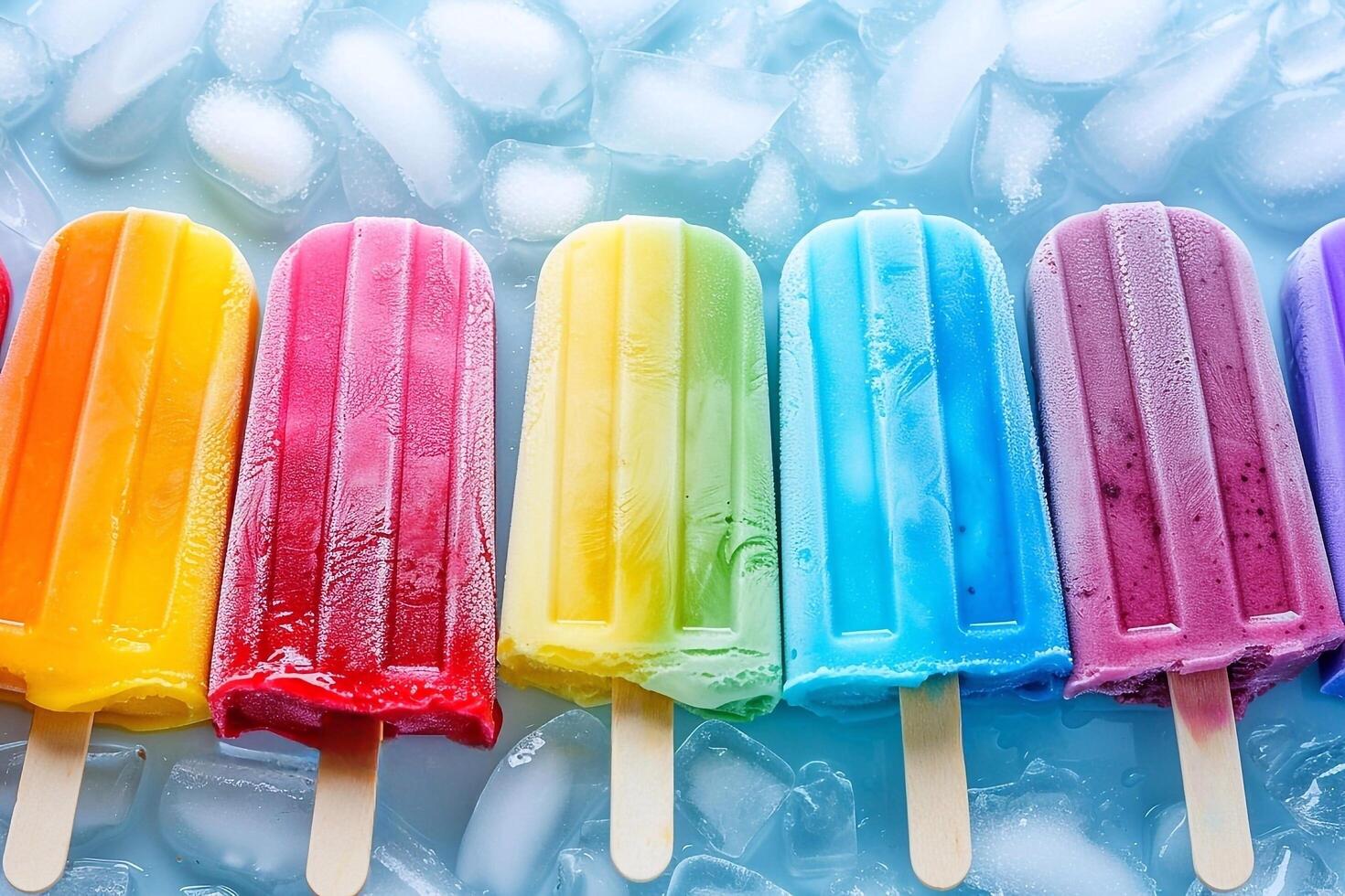 Colorful popsicles with ice cubes on blue background photo