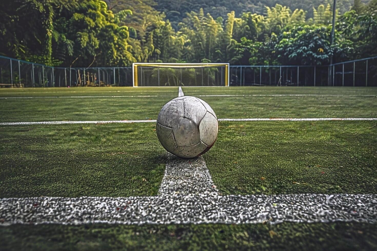 Soccer ball on the field with the goal post photo