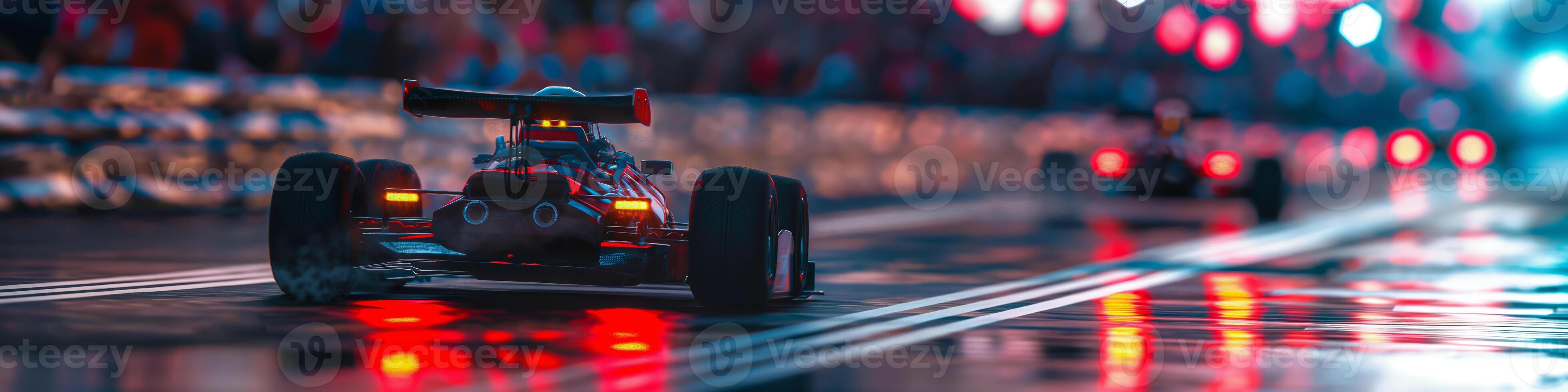ActionPacked Nighttime Formula Car Race with Glowing Lights photo