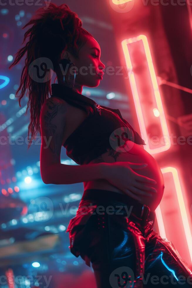 Pregnant Woman in Futuristic Neon City Urban Night, Dreadlocks, Tattoo, Neon, SciFi Landscape photo