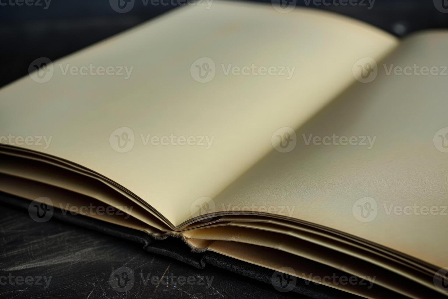 Vintage Open Book with Blank Pages on Dark Wooden Surface photo