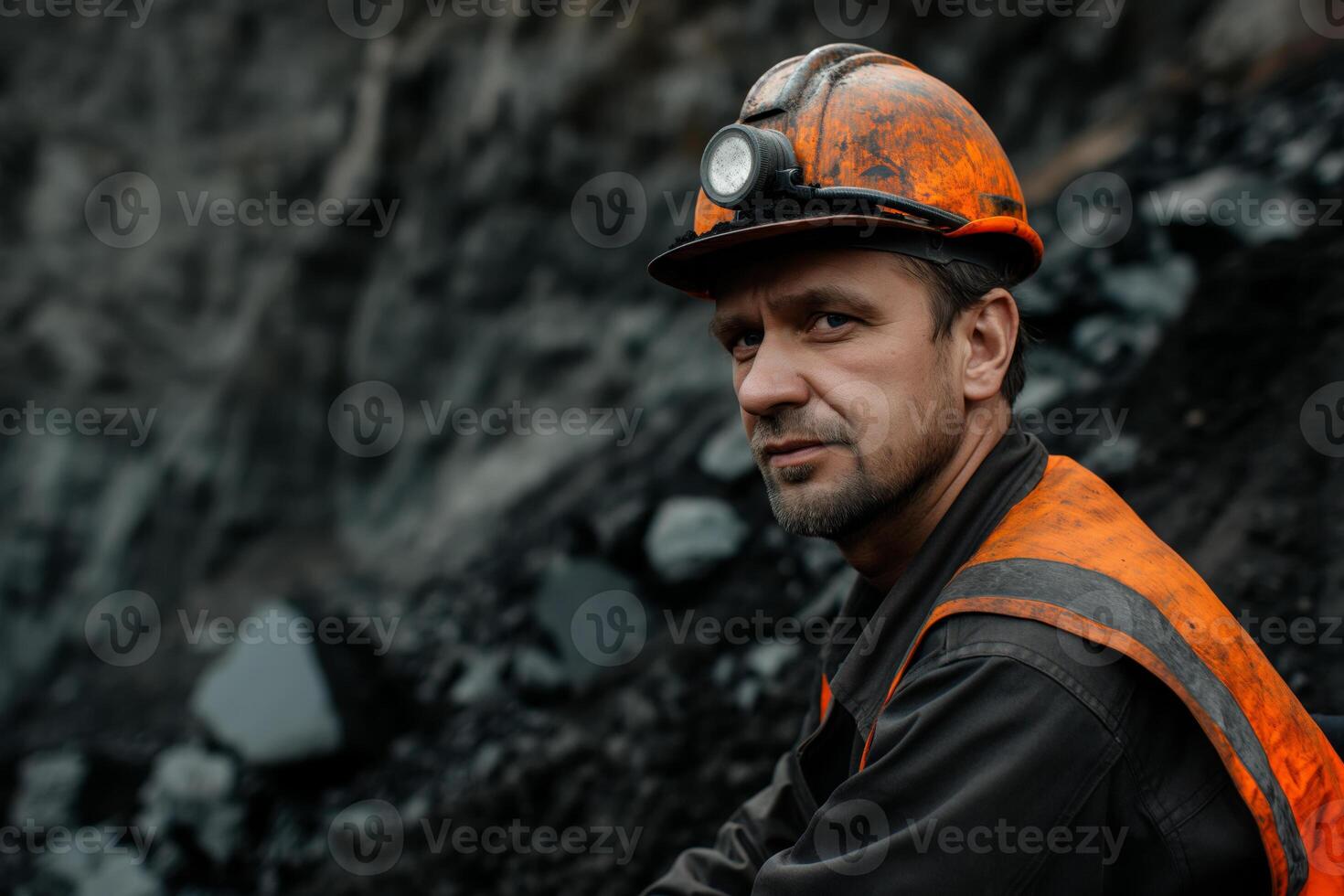 Coal Miner in Safety Gear Working at Quarry Site photo