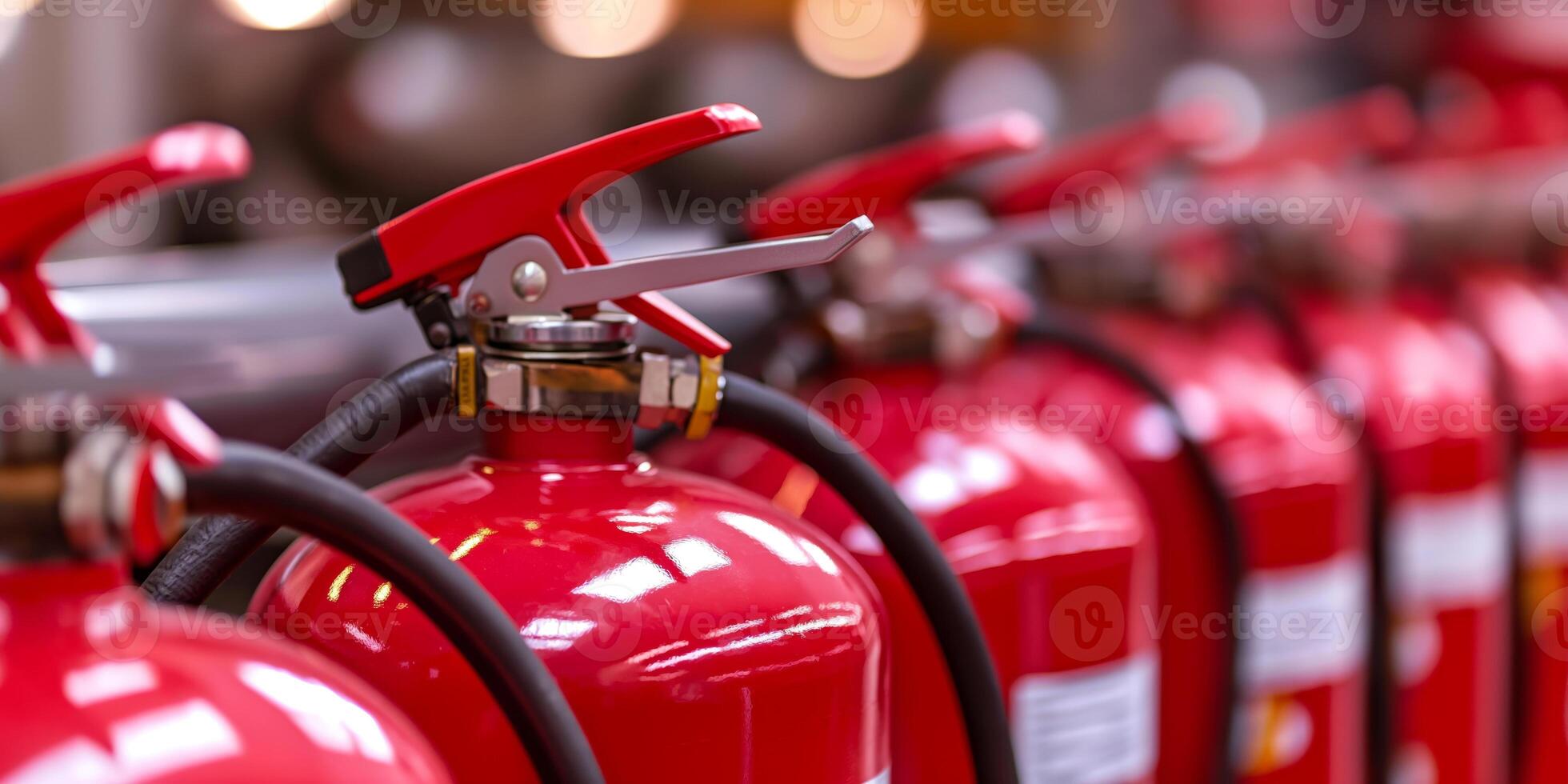 Row of Red Fire Extinguishers in Industrial Setting for Safety and Emergency Preparedness photo