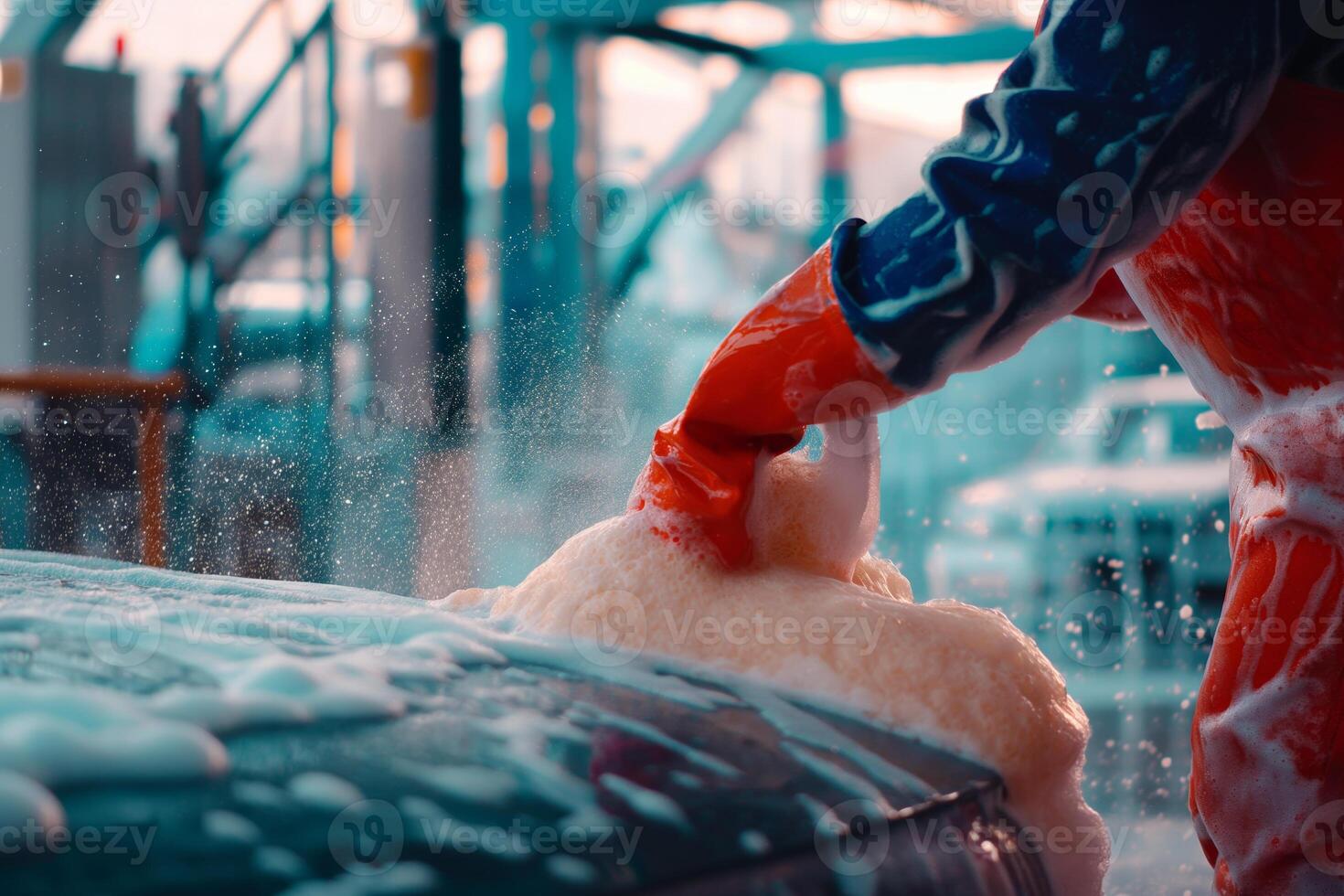 CloseUp of Professional Car Wash with Soap Suds and Worker in Protective Gear photo