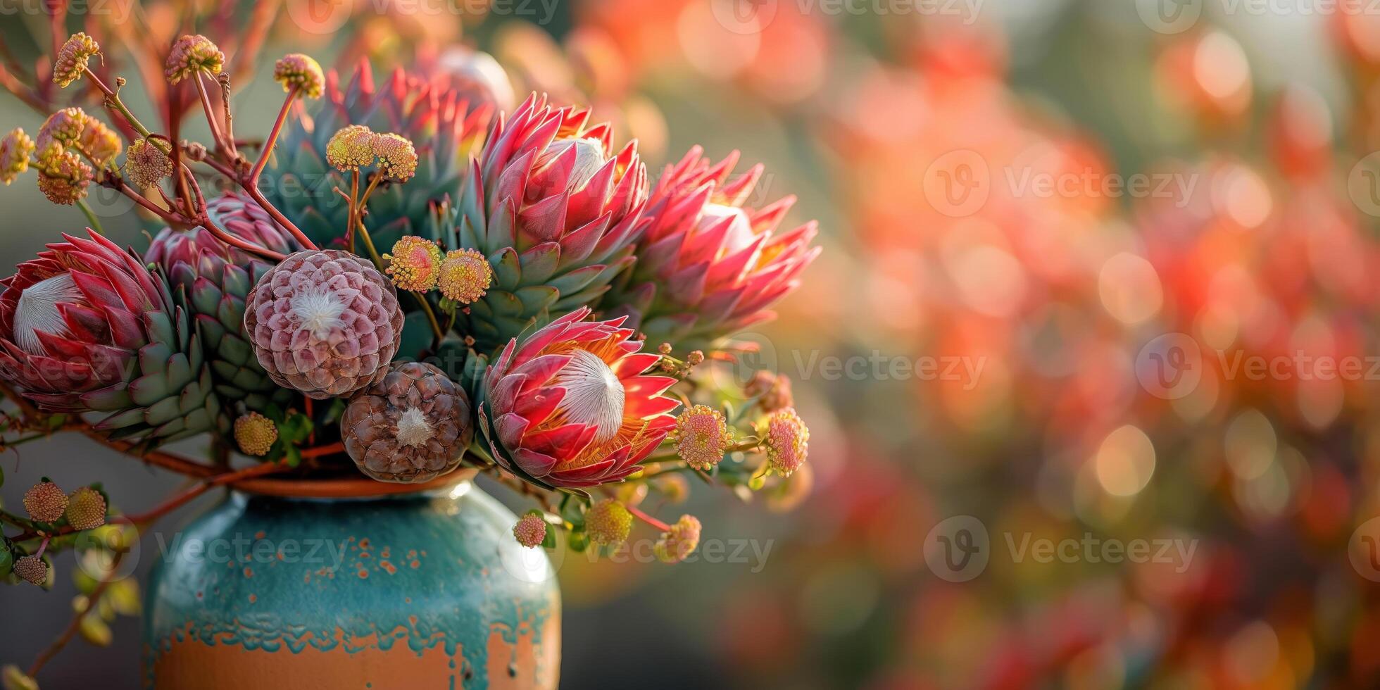 Vibrant Bouquet of Protea Flowers in Rustic Ceramic Vase with Blurred Garden Background photo