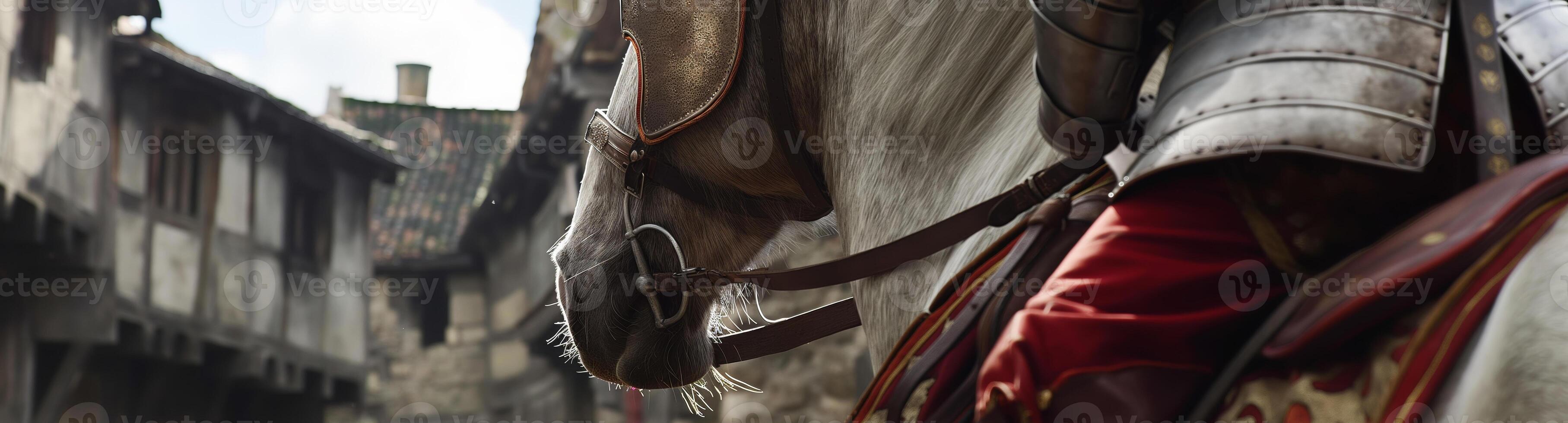 Medieval Knight on Horseback in a Historic Village Street photo