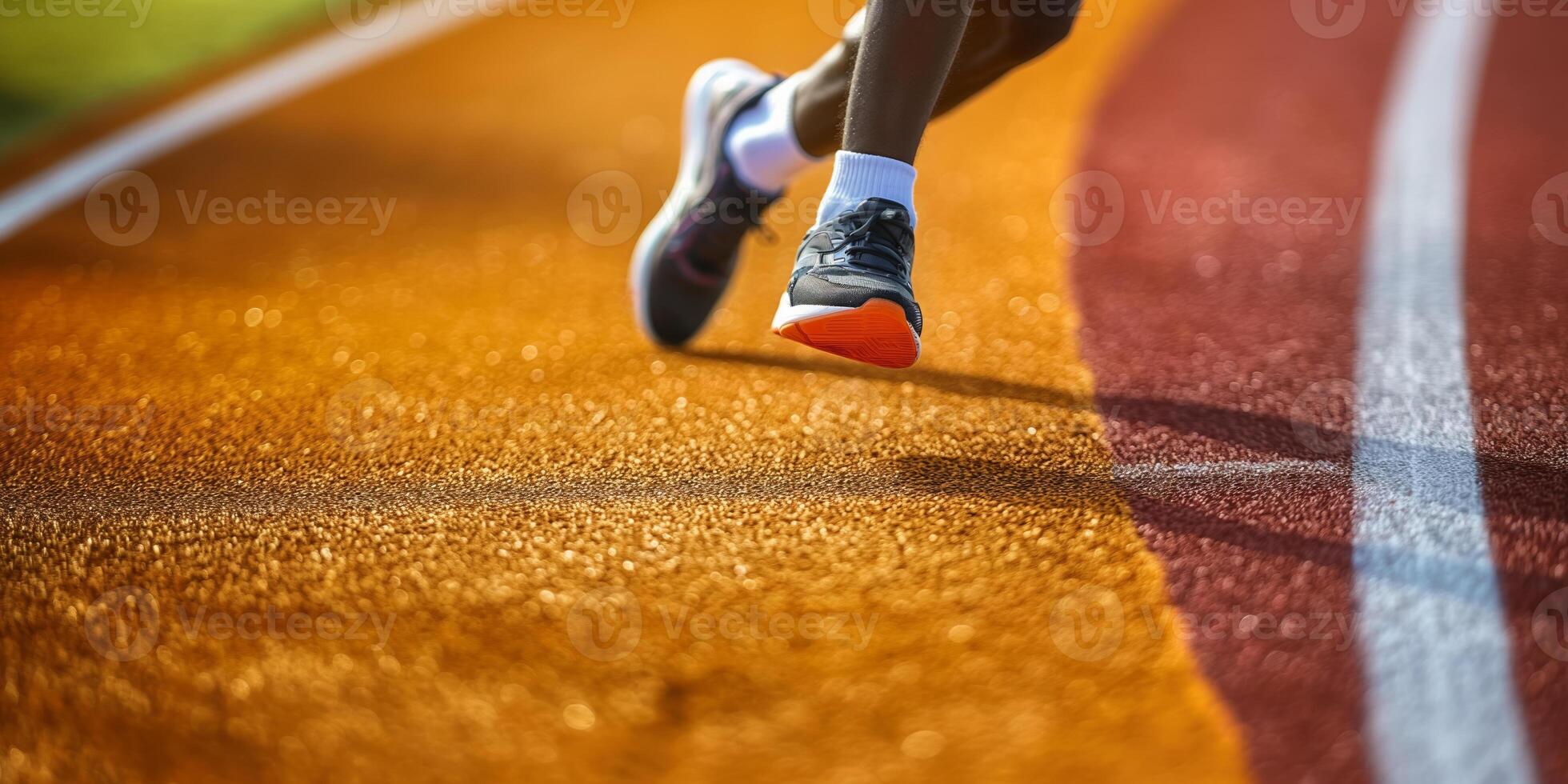 Runner on Athletics Track During Race with Focus on Legs and Shoes photo