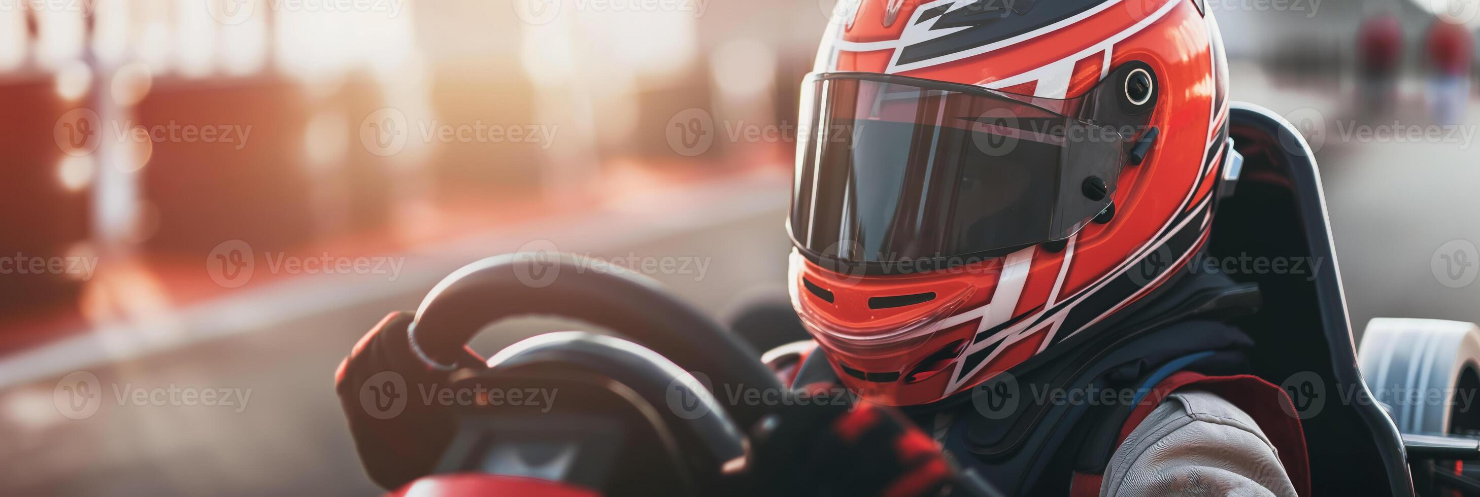 Professional Racing Driver in Red Helmet Driving HighSpeed GoKart on Track photo