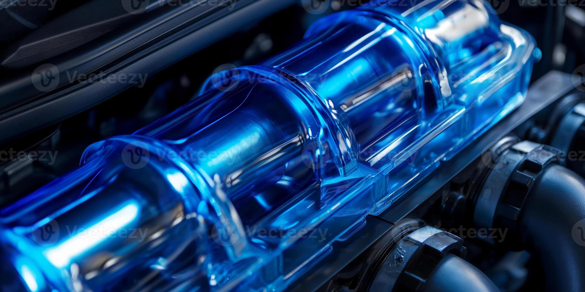 Shiny Blue Engine Inside Modern Car, CloseUp View of Engine Components photo