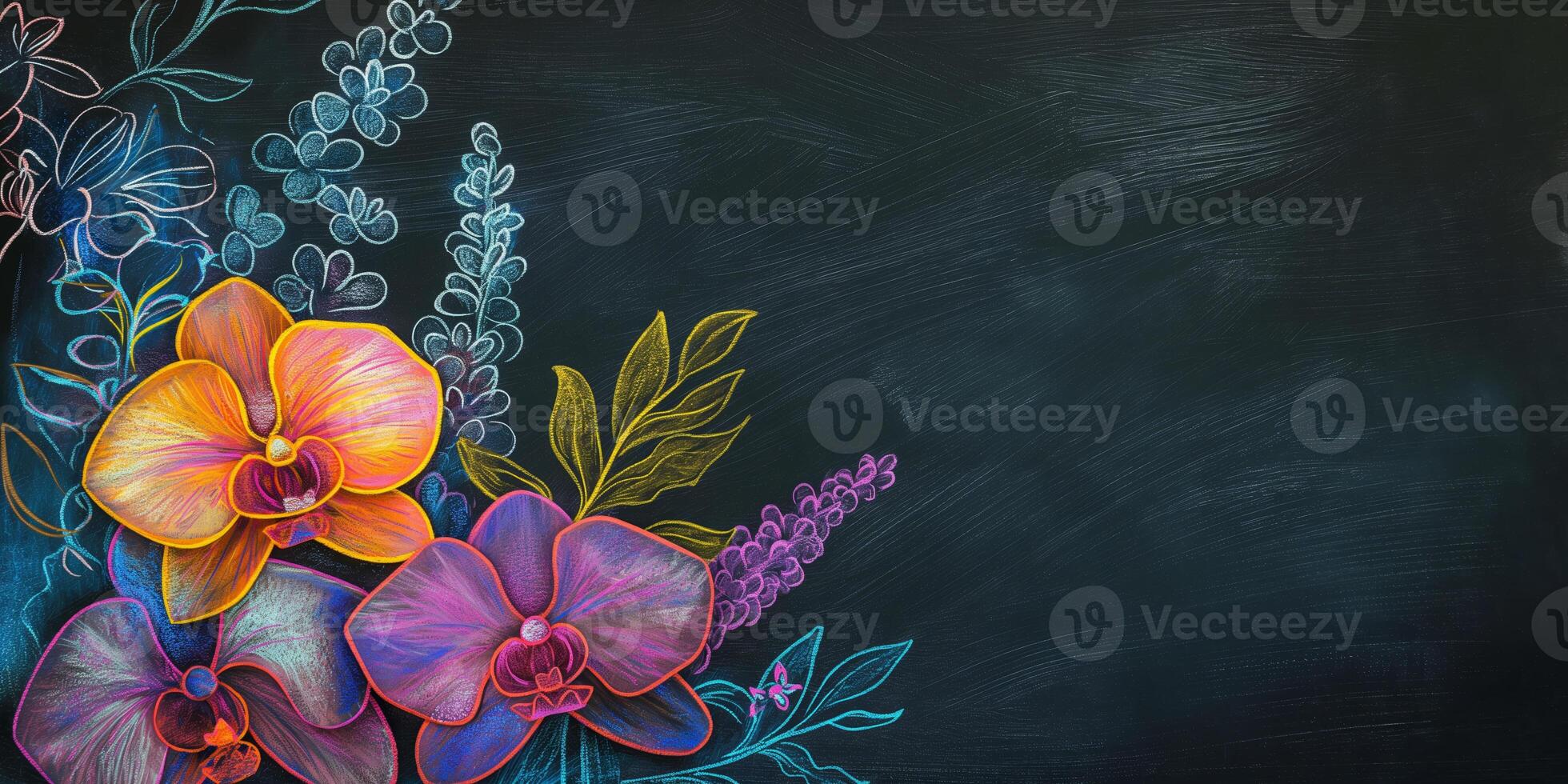 Colorful HandDrawn Flowers on Black Chalkboard Background photo