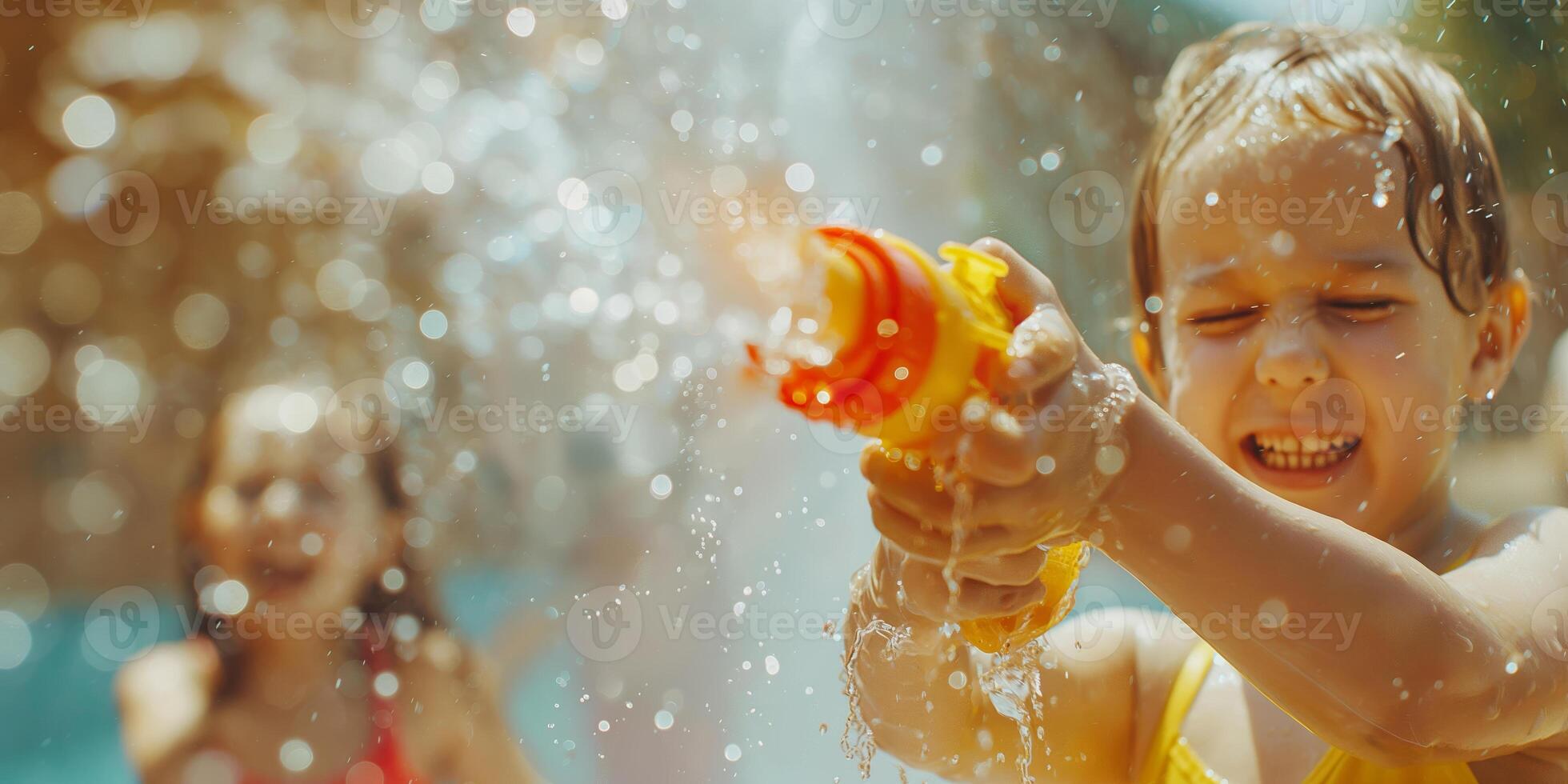Joyful Children Playing with Water Guns in a Sunlit Summer Pool photo